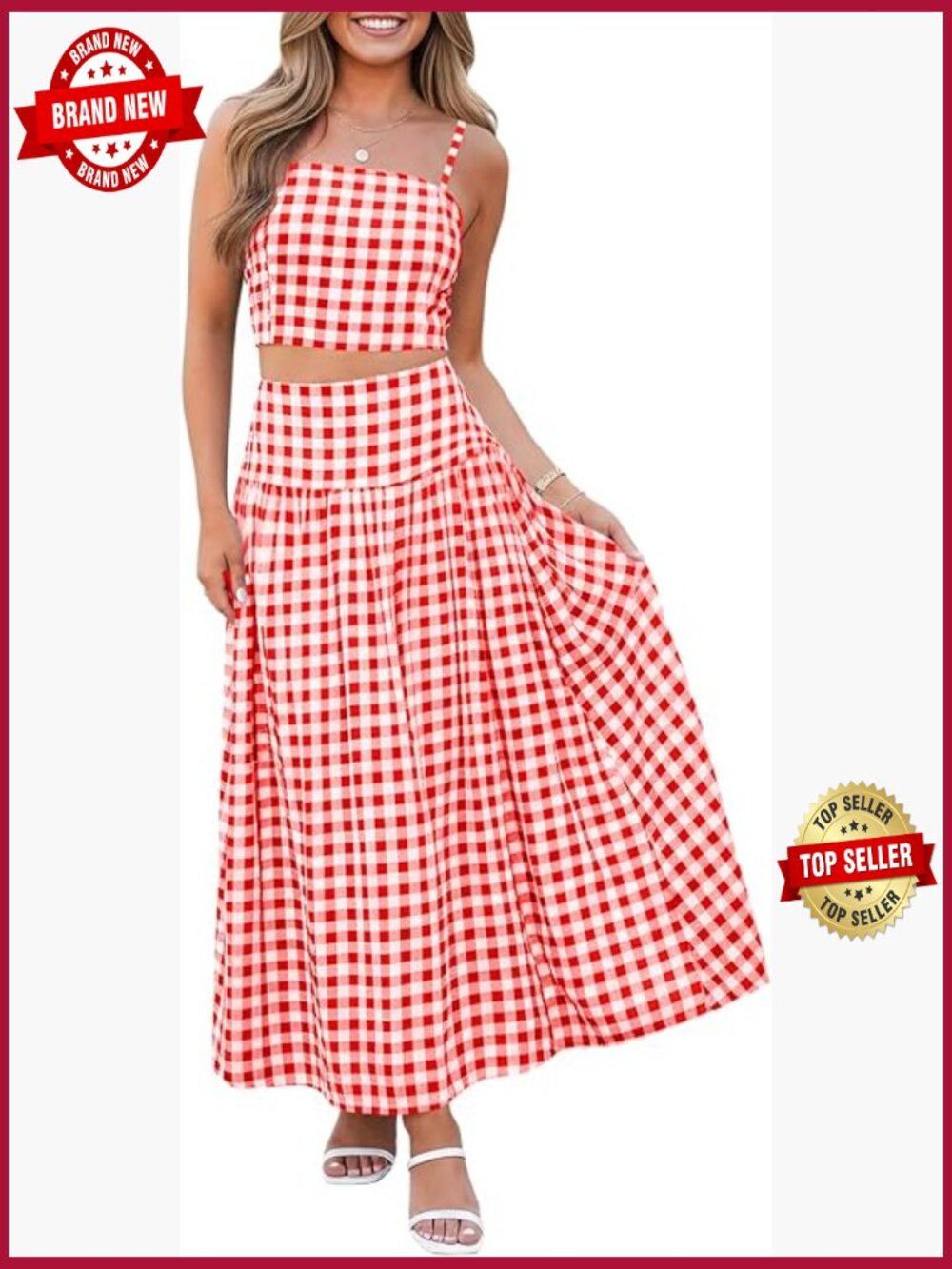 2 Piece Gingham Crop Tank & Midi Skirt Set Vacation Outfits